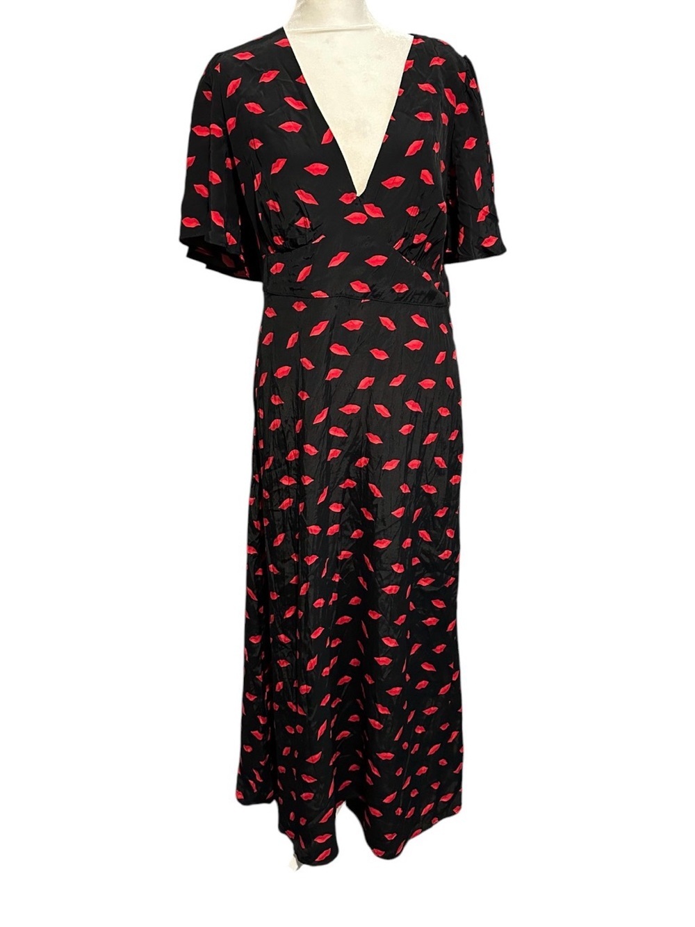 a new day Black Maxi Dress with Red Lip Print V-Neck size 10